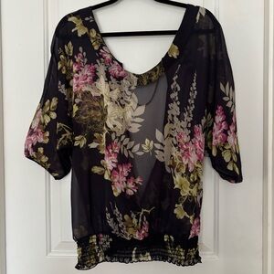 Vintage Y2K Guess top small sheer open back chain detail navy floral